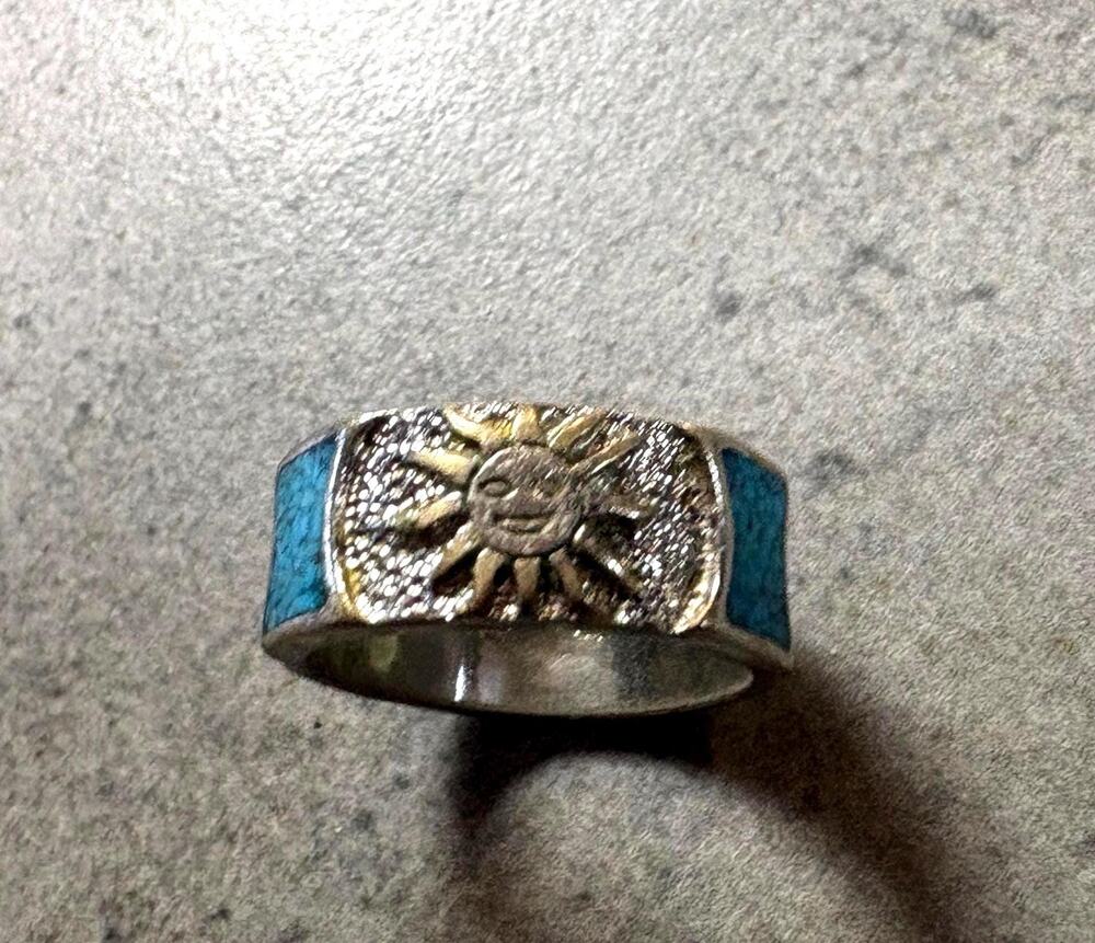 Vintage Mexican Sun Moon Ring Turquoise Inlay Band Mixed Metal Boho (Size 6.5)